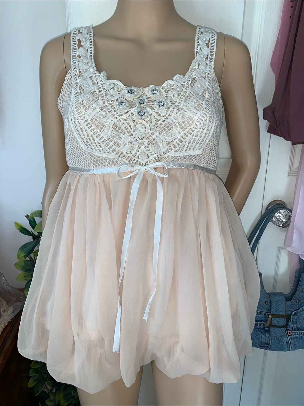 Y2K crochet chiffon bubble micro minidress babydoll tunic top S